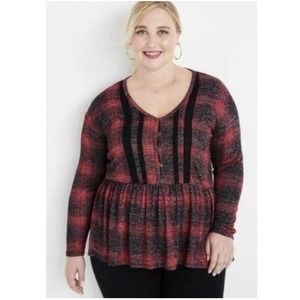 Maurices Womens Plus Size Plaid Knit Peasant Top Red Black Stretch